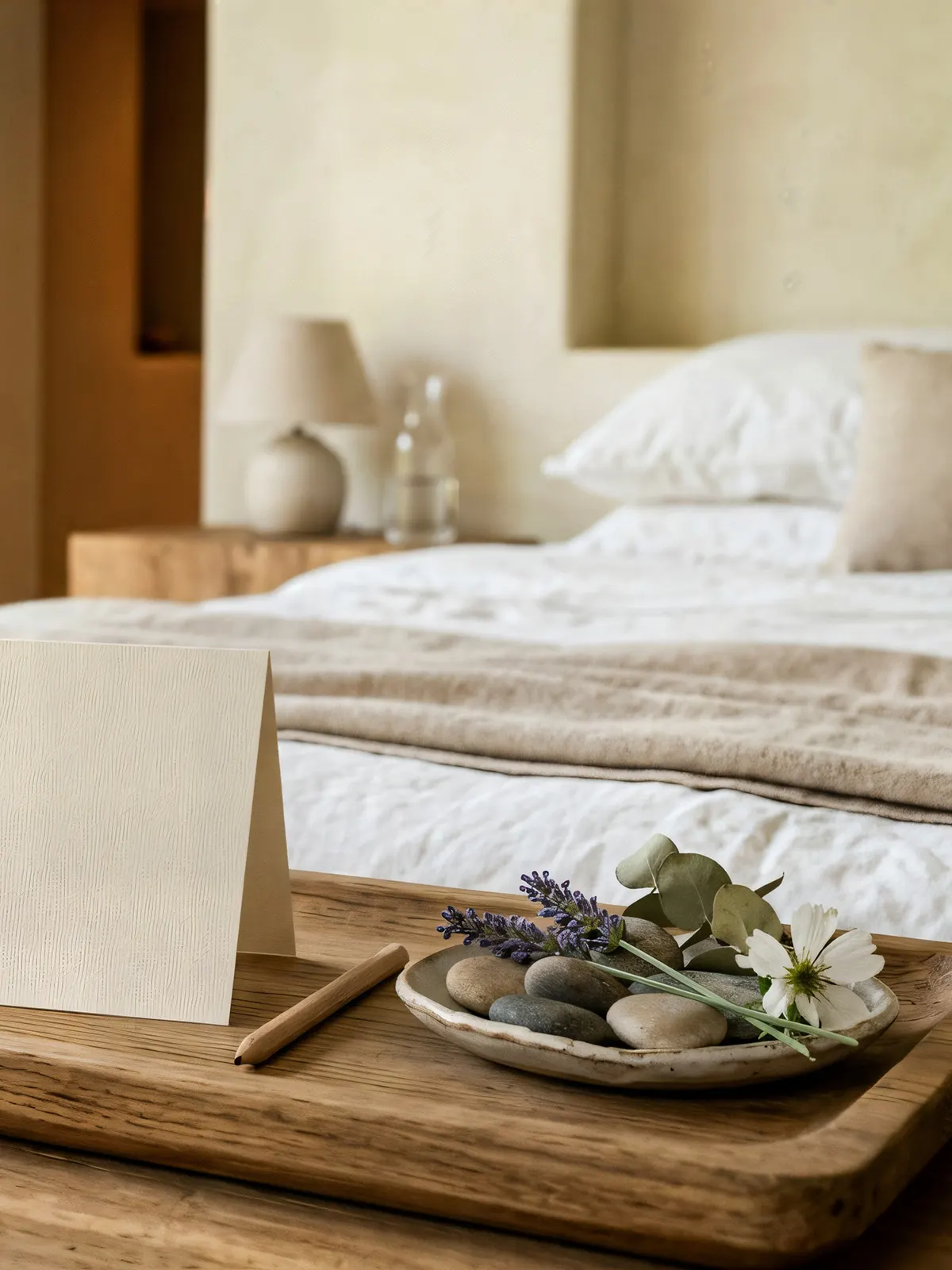 A freshly made bed with a folded welcome card and a tray of lavender and smooth stones